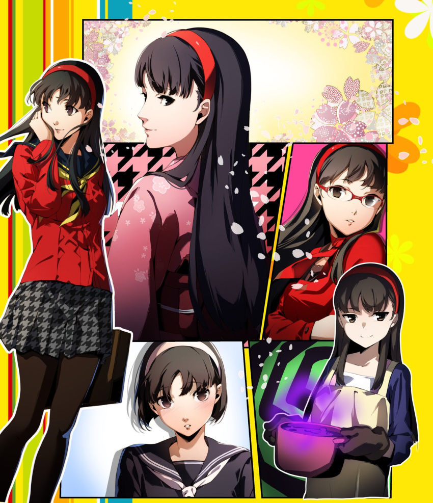 amagi_yukiko apron bad_food black_hair black_legwear blush brown_eyes cherry_blossom_print cherry_blossoms commentary floral_print glasses gloves hairband highres houndstooth japanese_clothes kimono long_hair nakano_maru pantyhose persona persona_3 persona_3_portable persona_4 pink_kimono pleated_skirt pot red_hairband red_sweater school_uniform short_hair skirt sweater yasogami_school_uniform