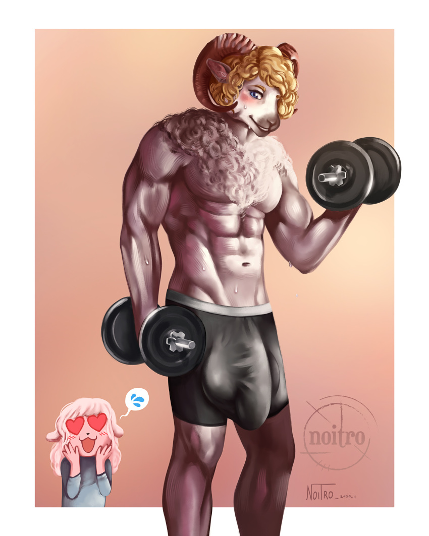 &lt;3 &lt;3_eyes absurd_res anthro balls big_balls big_penis bodily_fluids bovid boxer_briefs caprine clothed clothing dumbbell duo female flaccid genitals gradient_background hi_res horn huge_balls huge_penis hyper hyper_balls hyper_genitalia hyper_penis looking_at_viewer male mammal muscular noitro penis ram_horns sheep simple_background smile sport sweat underwear weights wool_(disambiguation)