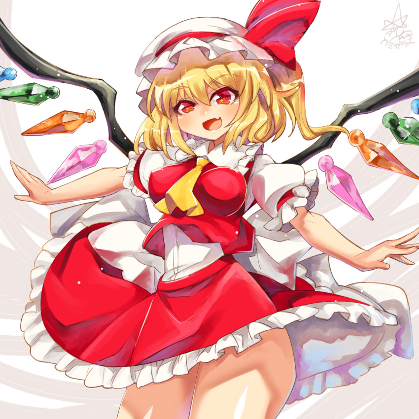 1girl ascot blonde_hair blush bow breasts crystal curvy dress fang flandre_scarlet frilled_shirt_collar frilled_skirt frilled_sleeves frills hat hat_ribbon highres large_breasts long_hair looking_at_viewer medium_hair mob_cap one_side_up open_mouth plump puffy_short_sleeves puffy_sleeves red_bow red_eyes red_ribbon red_skirt red_vest ribbon shirt short_hair short_sleeves side_ponytail skirt smile solo touhou umigarasu_(kitsune1963) vest white_shirt wings yellow_neckwear