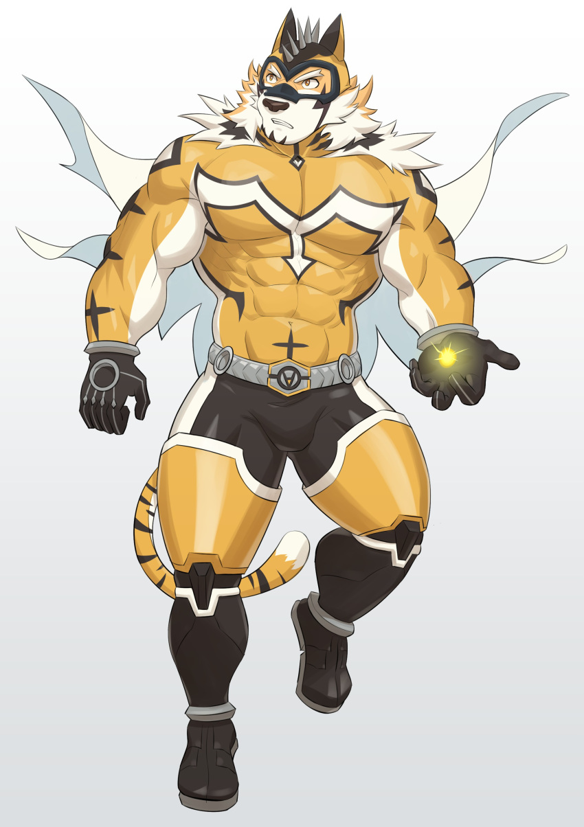1boy absurdres animal_ears animal_print bara beige_fur black_gloves bodysuit bulge cape contrapposto covered_abs covered_navel facial_hair full_body furry gloves glowing goatee highres live_a_hero looking_to_the_side male_focus muscle orange_bodysuit orange_eyes orange_fur pectorals ryekie_(live_a_hero) short_hair skin_tight solo tail thick_thighs thighs tiger_boy tiger_ears tiger_print tiger_tail tight two-tone_fur uiokv white_cape