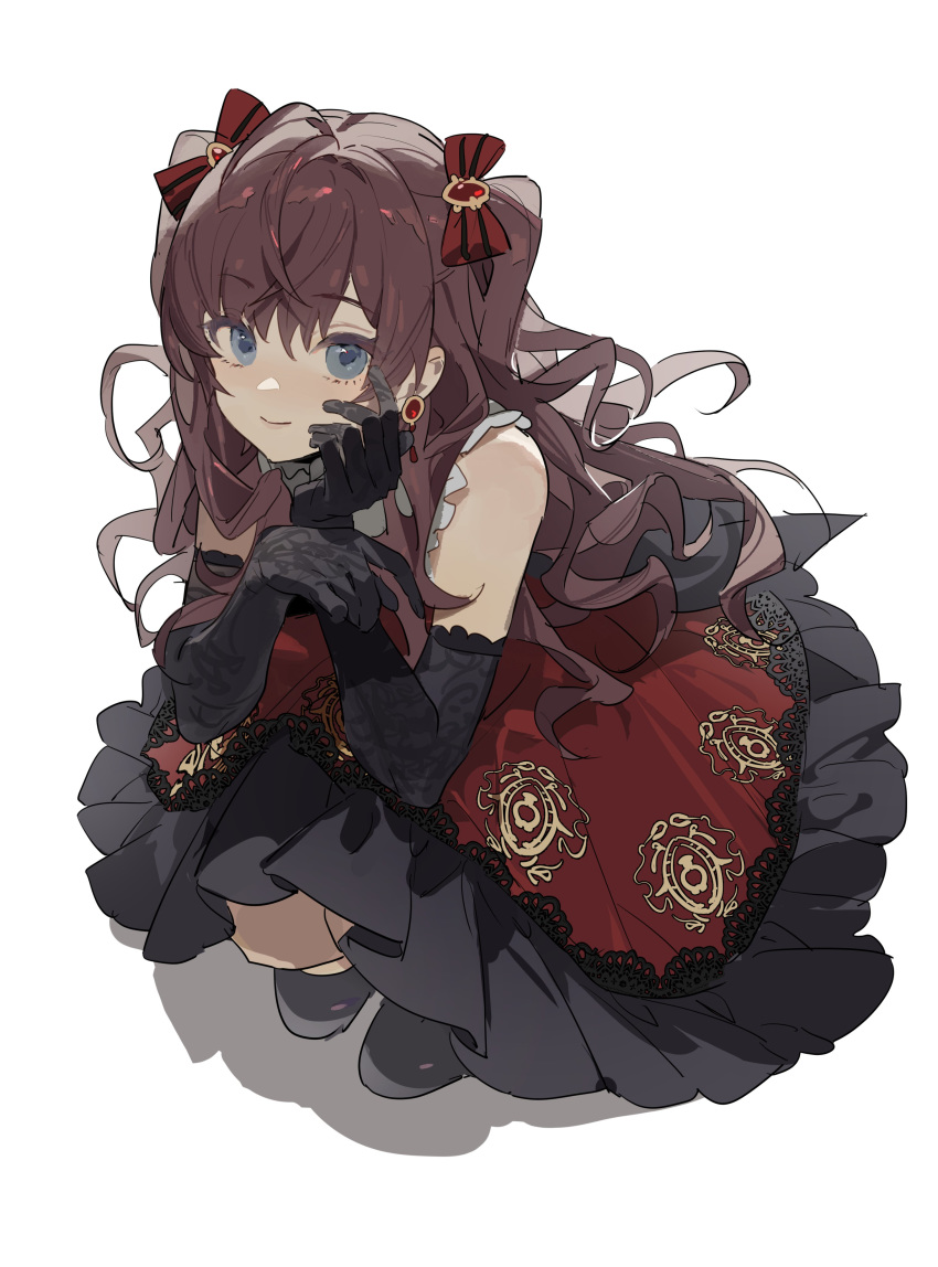 1girl absurdres bangs black_gloves blue_eyes brown_hair dress earrings elbow_gloves eyelashes frilled_dress frilled_gloves frilled_sleeves frills full_body gloves hand_on_own_cheek highres ichinose_shiki idolmaster idolmaster_cinderella_girls jewelry long_hair looking_at_viewer patterned_clothing red_dress shadow short_sleeves simple_background smile solo squatting two_side_up wavy_hair white_background zhibuji_loom