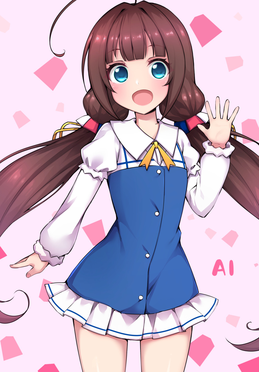 1girl absurdres ahoge amae bangs blue_dress blue_eyes blush brown_hair dress eyebrows_visible_through_hair highres hinatsuru_ai long_hair long_sleeves looking_at_viewer low_twintails open_mouth puffy_sleeves ryuuou_no_oshigoto! school_uniform short_sleeves smile solo twintails very_long_hair white_background
