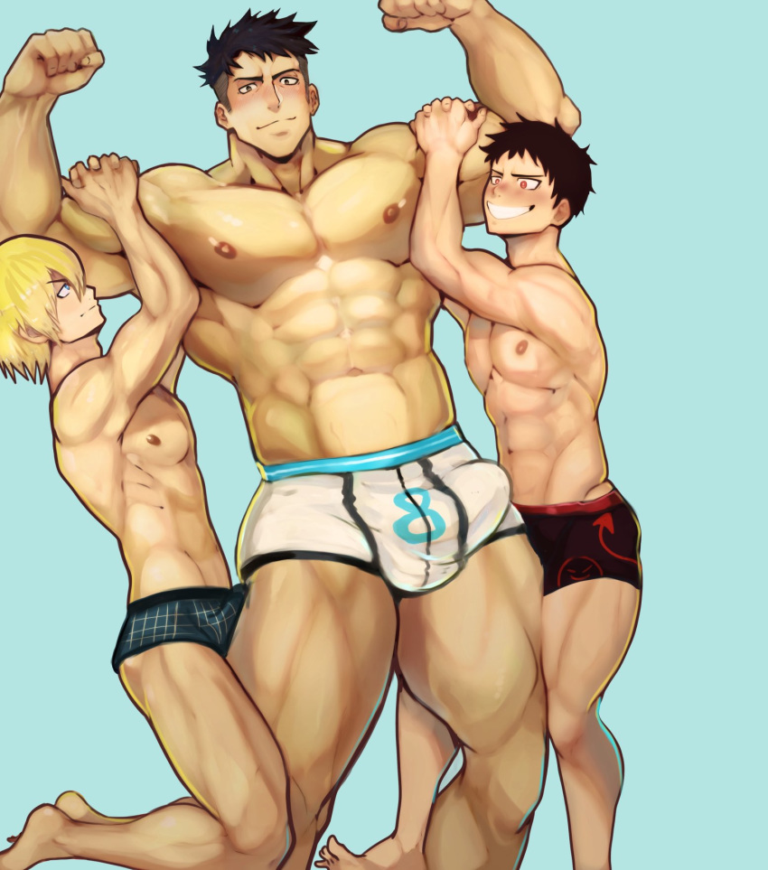 3boys abs akitaru_oubi arthur_boyle bangs bara biceps black_hair black_male_underwear blonde_hair blue_eyes blue_male_underwear blush boxer_briefs bulge cover cover_page doujin_cover en'en_no_shouboutai erection erection_under_clothes feet_out_of_frame flexing highres lifting_person looking_at_viewer male_focus multiple_boys muscle navel nipples pectorals pose red_eyes robokeh shinra_kusakabe short_hair sideburns simple_background smile thick_thighs thighs toned toned_male underwear underwear_only white_male_underwear