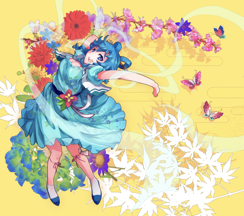 1girl :d absurdres aqua_dress arms_up blue_eyes blue_footwear blue_hair branch breasts bug butterfly cleavage commentary_request dress floral_background floral_print flower full_body hagoromo hair_between_eyes hair_ornament hair_rings hair_stick highres insect k2pudding kaku_seiga knees_together_feet_apart leaf leg_ribbon looking_at_viewer medium_breasts ofuda open_mouth puffy_short_sleeves puffy_sleeves ribbon shawl short_hair short_sleeves smile socks solo touhou twisted_torso upper_teeth vest white_vest yellow_background