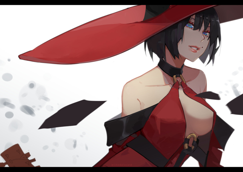 1girl artist_name bare_shoulders black_hair blue_eyes bob_cut breasts cleavage collarbone electric_guitar english_commentary guilty_gear guilty_gear_xrd guitar hair_between_eyes hat high_collar i-no ian_olympia instrument large_breasts large_hat lips mole mole_under_eye o-ring o-ring_top open_mouth sideboob simple_background solo witch_hat