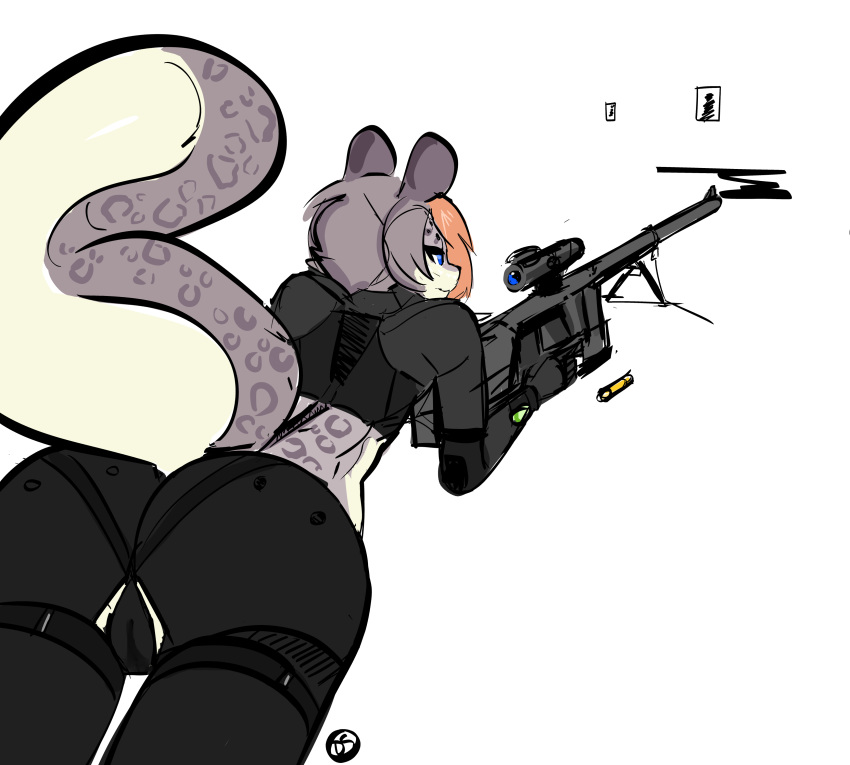 absurd_res anthro armor backsack balls black_clothing blue_eyes bottomwear bullet butt camel_toe clothed clothing dirtyscoundrel felid female fur g-string genitals grey_body grey_fur gun hi_res lying mammal markings on_front pantherine pants pussy ranged_weapon rear_view rifle signature simple_background skimpy smile smoke sniper_rifle snow_leopard solo spots straps tan_body tan_fur underwear weapon white_background