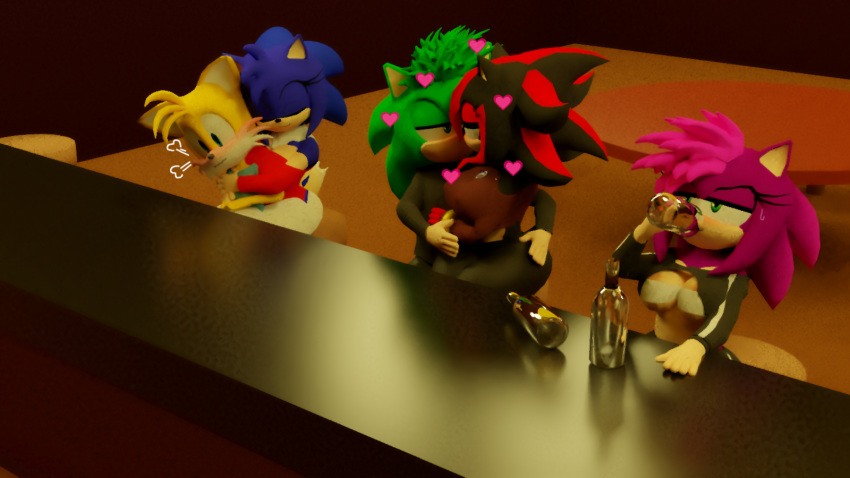 16:9 alcohol anthro beverage big_breasts black_body black_fur blue_body blue_fur bluewavecon blush breasts canid canine clothed clothing crossgender eulipotyphlan female fox fur green_eyes group hair hedgehog hi_res male male/female mammal manic_the_hedgehog mature_female miles_prower shadow_the_hedgehog sonia_the_hedgehog sonic_the_hedgehog sonic_the_hedgehog_(series) sonic_underground video_games widescreen