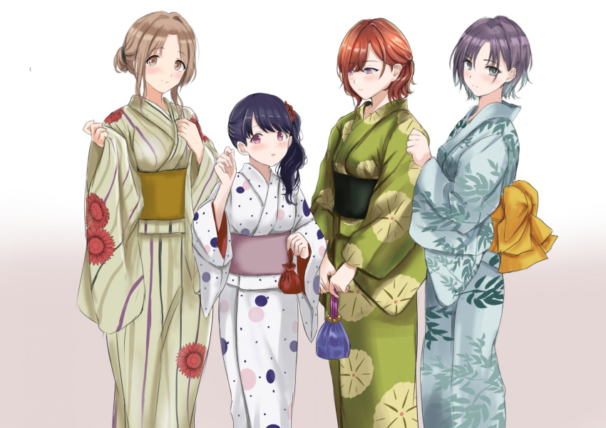 4girls asakura_tooru bangs black_hair blue_eyes blue_hair brown_eyes brown_hair commentary_request fukumaru_koito gradient gradient_background gradient_hair height_difference highres higuchi_madoka ichikawa_hinana idolmaster idolmaster_shiny_colors japanese_clothes kimono kinchaku long_hair long_sleeves looking_at_viewer mole mole_under_eye multicolored_hair multiple_girls nakonako noctchill_(idolmaster) obi pouch print_kimono purple_eyes sash short_hair side_ponytail swept_bangs tied_hair wide_sleeves