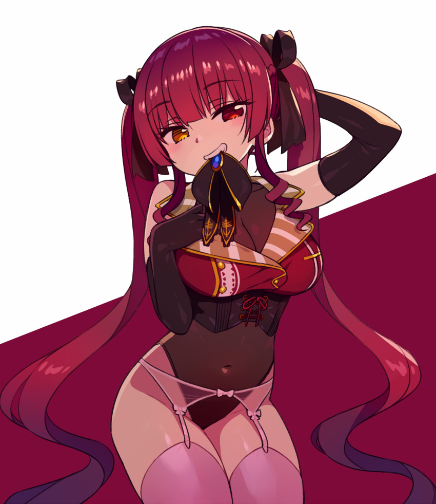 1girl :d arm_up bangs bare_shoulders black_gloves black_leotard black_ribbon blunt_bangs blush breasts chan_co cleavage corset covered_navel cropped_vest elbow_gloves eyebrows_visible_through_hair garter_belt gem gloves grin hair_ribbon hand_on_own_chest heterochromia highres hololive houshou_marine leotard leotard_under_clothes long_hair looking_at_viewer medium_breasts mouth_hold open_mouth pink_legwear purple_hair red_eyes red_vest ribbon sapphire_(gemstone) sitting smile solo teeth thighhighs twintails two-tone_background very_long_hair vest virtual_youtuber yellow_eyes