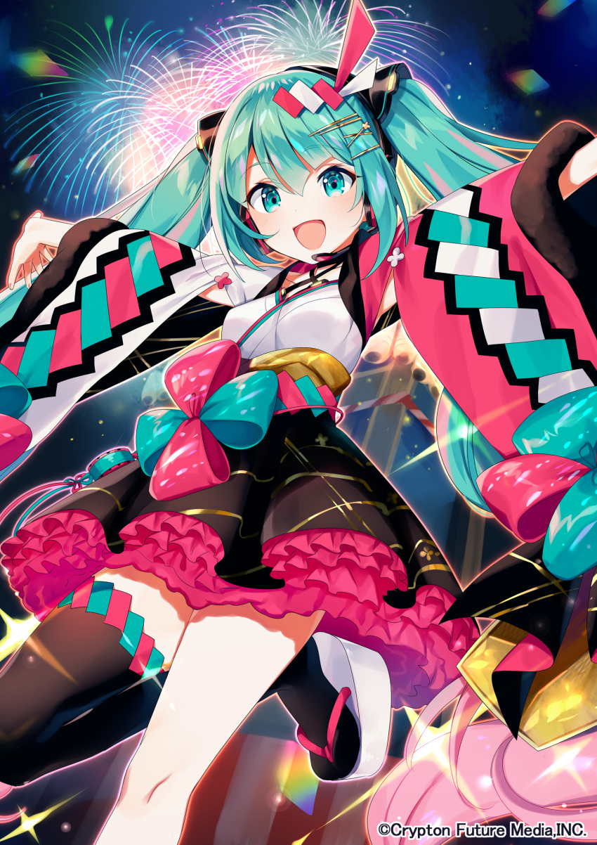 1girl :d aerial_fireworks aqua_eyes aqua_hair arms_up bangs black_legwear black_skirt blurry blurry_background breasts commentary_request company_name criss-cross_halter crypton_future_media eyebrows_visible_through_hair feet_out_of_frame fireworks frilled_skirt frills from_below hair_between_eyes hair_ornament hairclip halterneck hatsune_miku headphones headset highres japanese_clothes kimono kimono_skirt layered_skirt leg_up long_hair long_sleeves looking_at_viewer magical_mirai_(vocaloid) mismatched_sleeves miyukiyo multicolored multicolored_clothes multicolored_hair night official_art open_mouth outdoors outstretched_arms pink_hair platform_footwear shiny shiny_hair single_thighhigh skirt small_breasts smile solo sparkle standing standing_on_one_leg thighhighs twintails two-tone_hair very_long_hair vocaloid watermark white_footwear white_kimono wide_sleeves x_hair_ornament yukata zouri