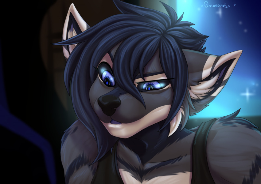 2020 aomori black_hair black_sclera canid canine digital_media_(artwork) eyebrows eyelashes hair mammal purple_eyes solo