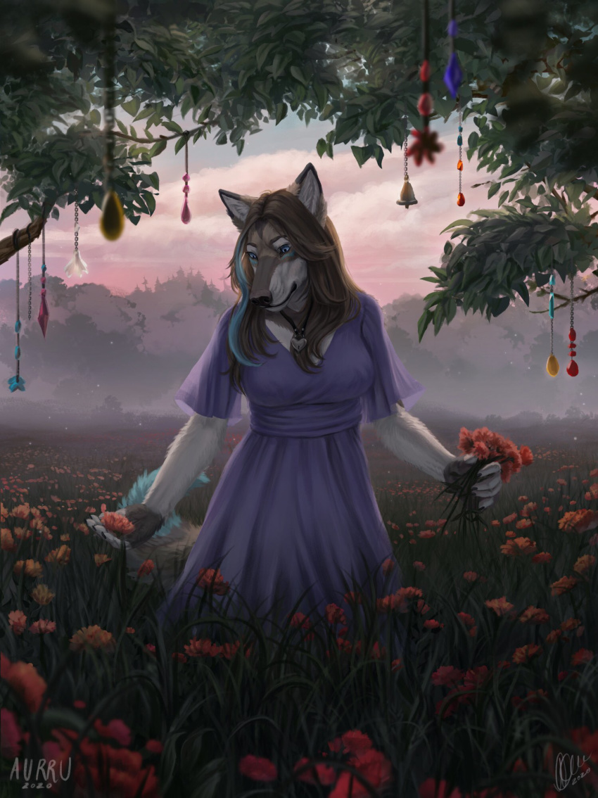 2020 5_fingers anthro aurru big_breasts blue_eyes breasts canid canine canis clothed clothing day detailed_background digital_media_(artwork) echo_(echoic) eyebrows eyelashes female fingers grass hi_res mammal outside sky smile solo wolf