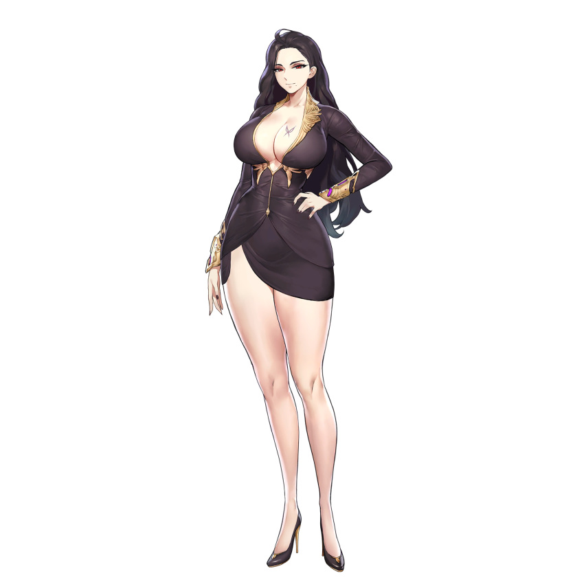 1girl black_dress black_hair breast_tattoo breasts butterfly_tattoo cleavage dress full_body high_heels highres huge_breasts kakiman last_origin lemonade_omega long_hair long_sleeves looking_at_viewer mole mole_under_mouth official_art red_eyes short_dress smile solo tachi-e tattoo