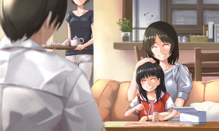 1boy 3girls :d ^_^ alternate_hair_length alternate_hairstyle amagami apartment ayatsuji_tsukasa bangs black_hair black_shirt blunt_bangs blurry blurry_foreground blush bob_cut box breasts brother_and_sister center_part chair child closed_eyes collarbone commentary couch couple cup depth_of_field dress_shirt family father_and_daughter film_grain from_behind grin head_out_of_frame holding holding_jar holding_spoon holding_tray hood hood_down hoodie husband_and_wife indoors jar kaoru348 light_smile long_hair medium_hair mother_and_daughter multiple_girls older on_lap open_mouth pants pink_shirt plant potted_plant red_hoodie shirt short_hair short_sleeves siblings sitting sitting_on_person small_breasts smile spoon table tachibana_jun'ichi tachibana_miya teacup teapot tray white_hoodie white_legwear white_shirt