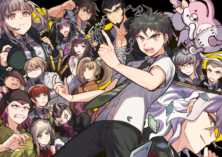 6+boys 6+girls apron beard black_hair black_headwear black_pants blue_eyes blue_hair bow braid breasts brown_eyes brown_hair bullet cat_hair_ornament chef chef_hat chef_uniform collar collared_shirt commentary_request danganronpa dark_skin dark_skinned_female ear_ribbon everyone eyebrows_visible_through_hair facial_hair fat fat_man freckles from_side glasses gloves green_eyes hair_bow hair_ornament hanamura_teruteru hat highres hinata_hajime holding hood hoodie japanese_clothes kimono koizumi_mahiru komaeda_nagito kuzuryuu_fuyuhiko large_breasts long_hair looking_at_viewer medium_hair mioda_ibuki monomi_(danganronpa) multicolored_hair multiple_boys multiple_girls nanami_chiaki neck_ribbon necktie nidai_nekomaru nurse open_mouth owari_akane pants pekoyama_peko pink_eyes pink_hair pink_ribbon plaid_neckwear profile purple_hair red_bow red_eyes red_hair ribbon saionji_hiyoko school_uniform sharp_teeth shirt short_hair silver_hair skirt smile sonia_nevermind souda_kazuichi sumeshiruko super_danganronpa_2 tanaka_gandamu teeth togami_byakuya tsumiki_mikan twintails upper_teeth very_short_hair white_hair wings