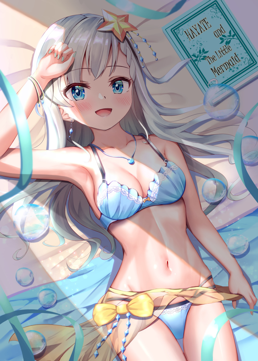 1girl :d arm_up bangs bare_arms bare_shoulders bikini blue_bikini blue_eyes blush book bracelet breasts cleavage collarbone commentary_request cowboy_shot earrings groin hair_ornament highres hisakawa_hayate idolmaster idolmaster_cinderella_girls idolmaster_cinderella_girls_starlight_stage jewelry long_hair looking_at_viewer lying medium_breasts navel necklace on_back open_mouth silver_hair smile solo star_(symbol) star_hair_ornament stomach swimsuit the_little_mermaid tudon_(donut)