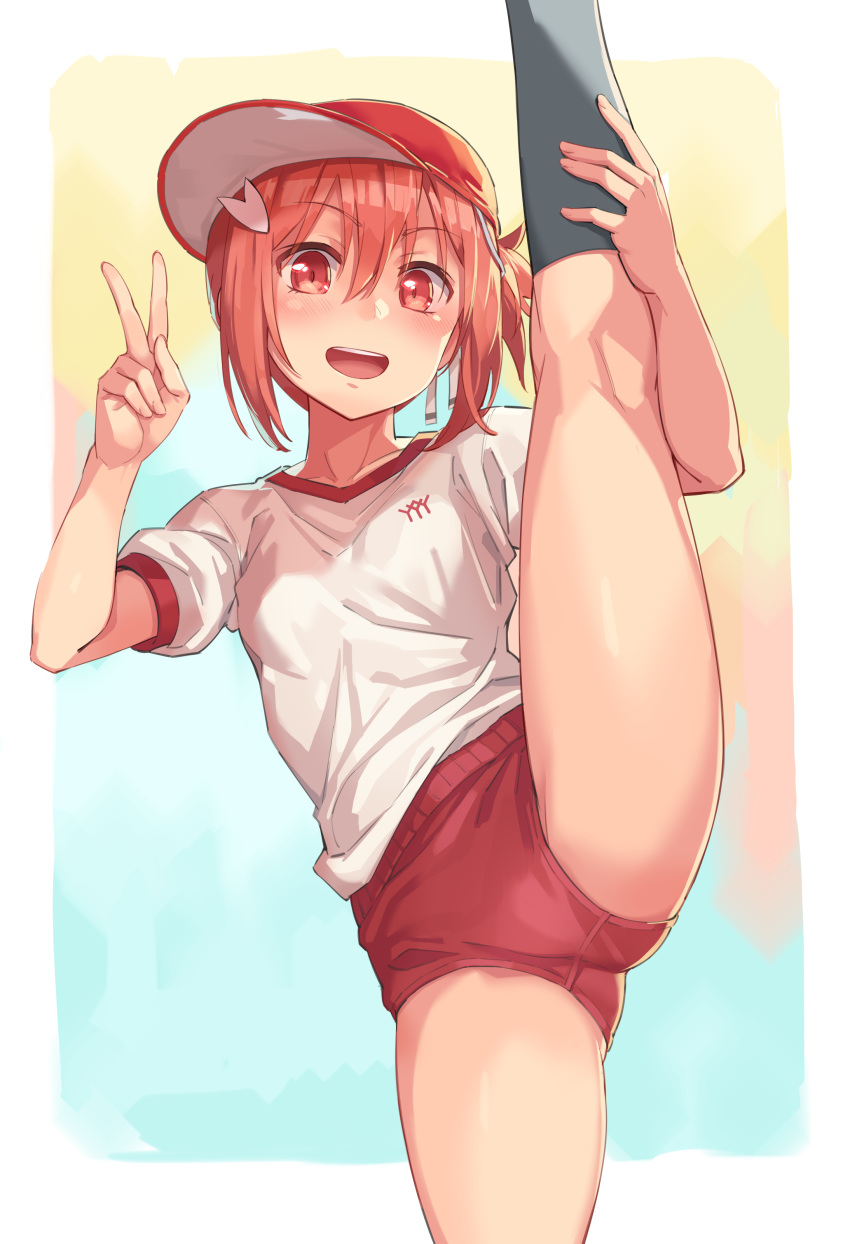 1girl :d absurdres arm_up bangs baseball_cap black_legwear breasts brown_hair buruma commentary_request eyebrows_visible_through_hair feet_out_of_frame gym_shirt gym_uniform hair_between_eyes hat highres kneehighs kneepits leg_up looking_at_viewer michairu open_mouth puffy_short_sleeves puffy_sleeves red_buruma red_eyes red_headwear revision shirt short_sleeves sideways_hat small_breasts smile solo split standing standing_on_one_leg standing_split upper_teeth v white_shirt yuuki_yuuna yuuki_yuuna_wa_yuusha_de_aru yuusha_de_aru