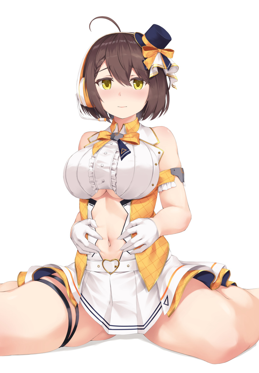 1girl absurdres ahoge arm_strap azur_lane baltimore_(azur_lane) baltimore_(muse)_(azur_lane) bangs bare_shoulders belt black_headwear blush boots bow braid breasts brown_hair center_frills center_opening clothing_cutout collared_shirt commentary_request crop_top eyebrows_visible_through_hair french_braid frills gloves hair_between_eyes half_gloves hat headset highres idol knee_boots large_breasts looking_at_viewer mini_hat navel navel_cutout official_alternate_costume orange_bow pleated_skirt ributsu shadow shirt short_hair sidelocks simple_background sitting skindentation skirt sleeveless sleeveless_shirt solo spread_navel thigh_strap underboob underboob_cutout wariza white_background white_belt white_footwear white_gloves white_shirt white_skirt yellow_eyes