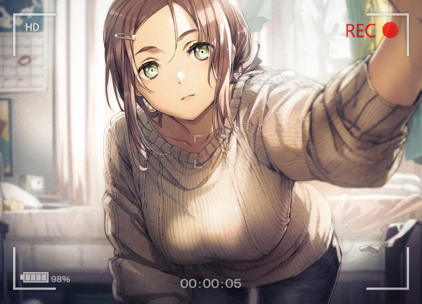 1girl bed bent_over brown_hair bunbun collarbone curtains denim green_eyes hair_ornament hairclip highres indoors jeans long_sleeves looking_at_viewer medium_hair original pants plant solo sweater white_sweater