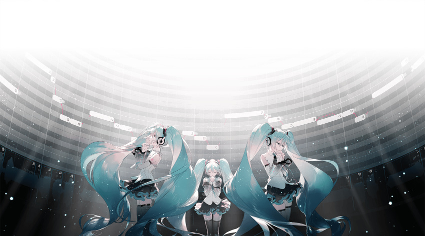 3girls aqua_eyes aqua_hair aqua_nails aqua_neckwear bare_shoulders black_legwear black_skirt boots closed_eyes commentary cropped crypton_future_media detached_sleeves facing_to_the_side facing_viewer feet_out_of_frame fingers_together from_side glowing hair_ornament hands_together hatsune_miku hatsune_miku_(nt) headphones highres light_particles long_hair miniskirt multiple_girls multiple_persona nail_polish neck_ribbon official_art piapro pleated_skirt rella ribbon see-through_legwear see-through_sleeves shirt shoulder_tattoo skirt sleeveless sleeveless_shirt tattoo thighhighs twintails very_long_hair vocaloid white_shirt white_sleeves wide_shot zettai_ryouiki