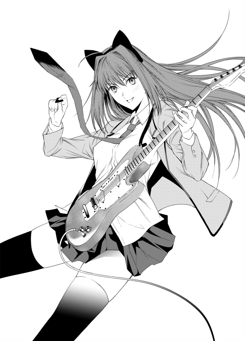 1girl animal_ears aozaki_aoko bangs blazer buttons cable cat_ears electric_guitar eyebrows_visible_through_hair fake_animal_ears fender_mustang greyscale guitar hair_between_eyes highres holding holding_instrument instrument jacket long_hair looking_at_viewer mahou_tsukai_no_yoru monochrome music necktie nose open_blazer open_clothes open_jacket plaid plaid_skirt playing_instrument plectrum school_uniform shirt sidelocks simple_background skirt smile solo takai_isshiki thighhighs white_background zettai_ryouiki