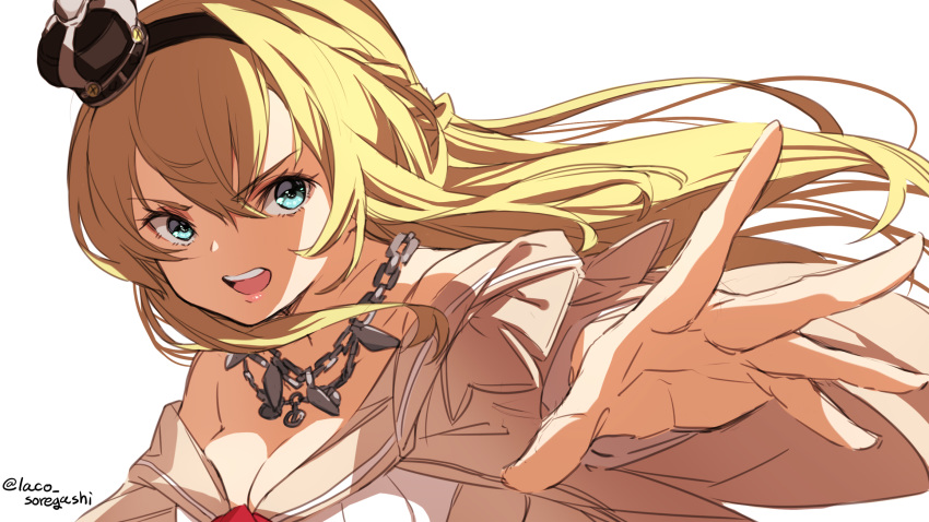 1girl black_hairband blonde_hair blue_eyes braid commentary_request crown dress french_braid hairband highres kantai_collection laco_soregashi long_hair long_sleeves mini_crown off-shoulder_dress off_shoulder open_mouth round_teeth simple_background solo teeth twitter_username upper_body upper_teeth warspite_(kantai_collection) white_background white_dress