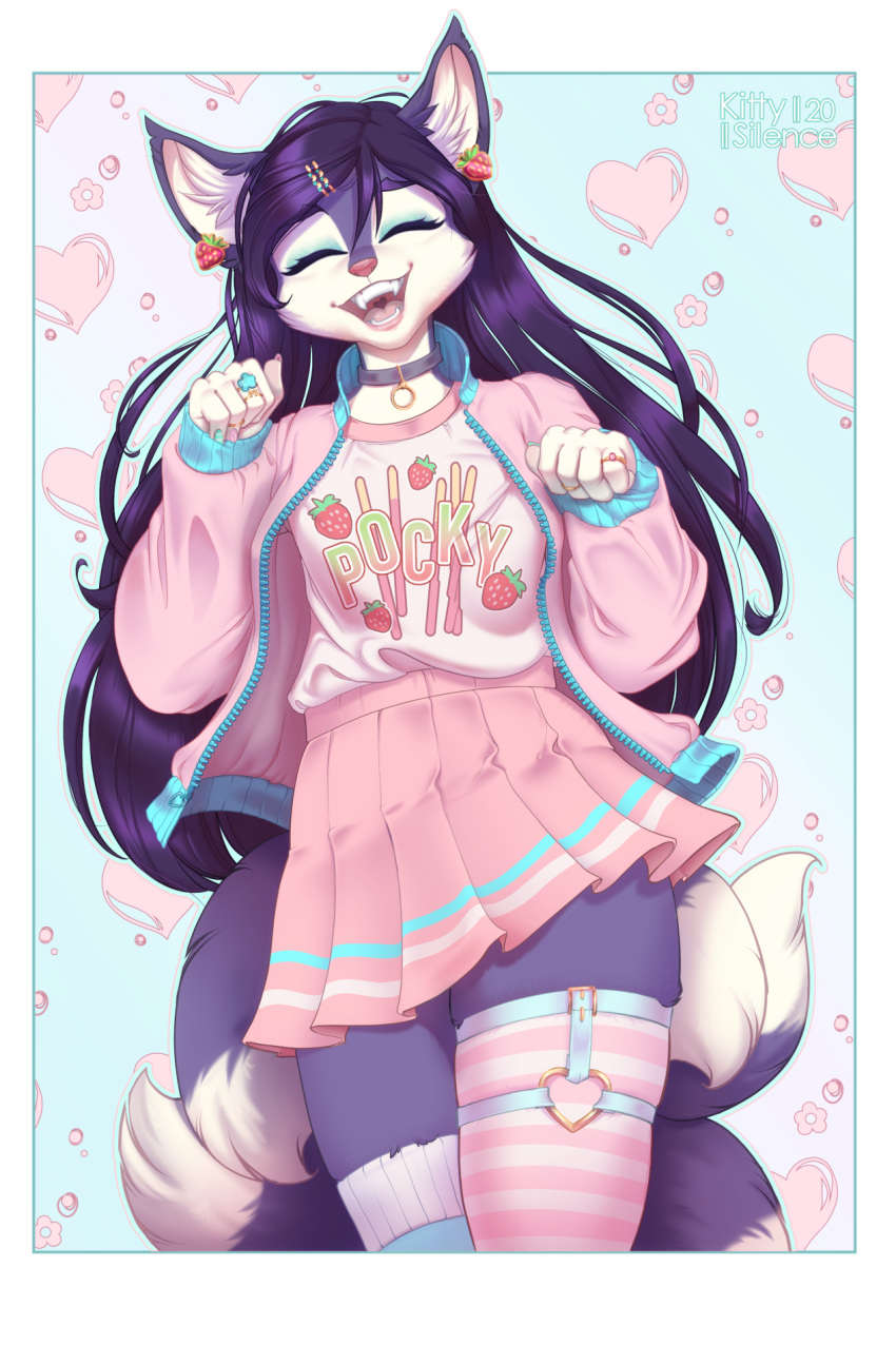 &lt;3 2020 anthro black_hair breasts canid canine clothing collar digital_media_(artwork) fox girly hair hi_res kittysilence male mammal miko_(snowweaver) open_mouth shirt smile solo standing teeth text text_on_clothing text_on_shirt text_on_topwear tongue topwear