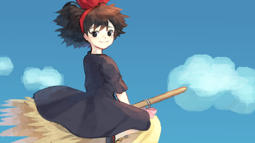 1girl absurdres bangs black_dress black_eyes black_hair blue_sky bob_cut bow broom broom_riding closed_mouth cloud commentary_request dress flying hair_bow hairband highres kiki korean_commentary light_blush light_smile looking_at_viewer looking_back majo_no_takkyuubin mangi5000 messy_hair red_bow red_hairband short_hair sky solo studio_ghibli