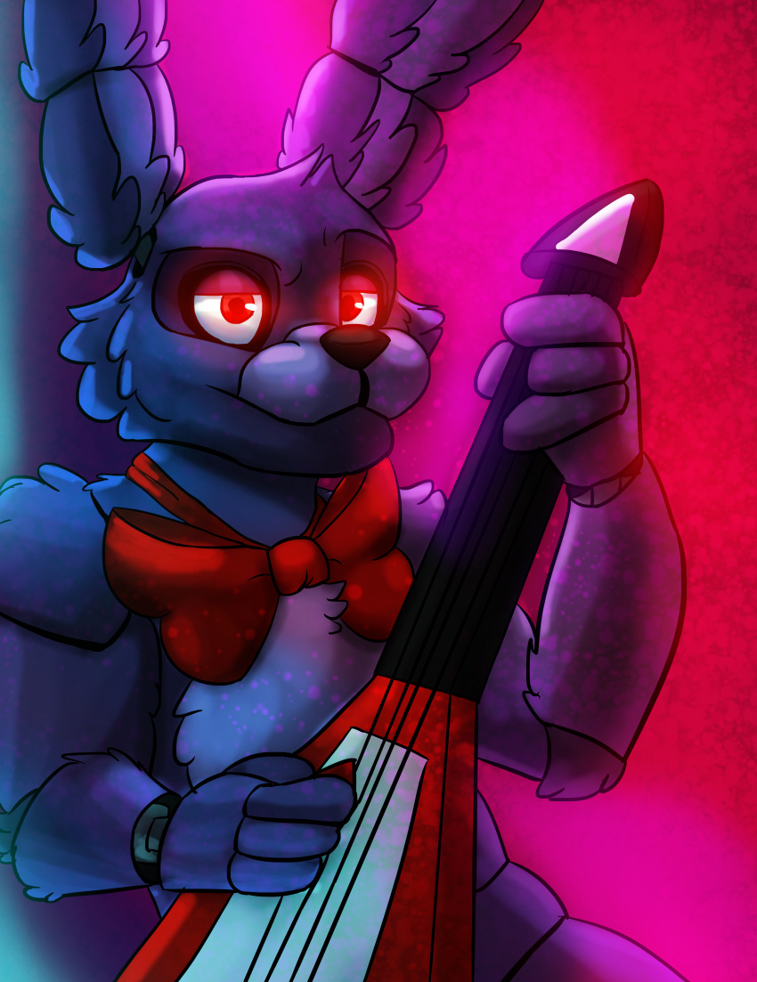 4_fingers absurd_res animatronic anthro black_nose bonnie_(fnaf) bow_tie chest_tuft fingers five_nights_at_freddy's fur glowing glowing_eyes guitar head_tuft hi_res lagomorph leporid looking_at_viewer machine male mammal musical_instrument plucked_string_instrument purple_body purple_fur purple_inner_ear rabbit red_eyes robot solo string_instrument tuft video_games writtenstars87