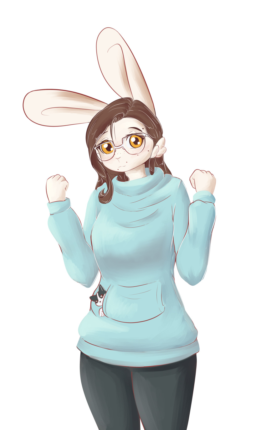 2020 alasou anthro blue_clothing blue_hoodie blue_topwear breasts brown_hair clothing digital_media_(artwork) domestic_cat duo eyebrows eyelashes eyewear felid feline felis female glasses hair hi_res hoodie lagomorph leporid looking_at_viewer mammal rabbit smile topwear yellow_eyes