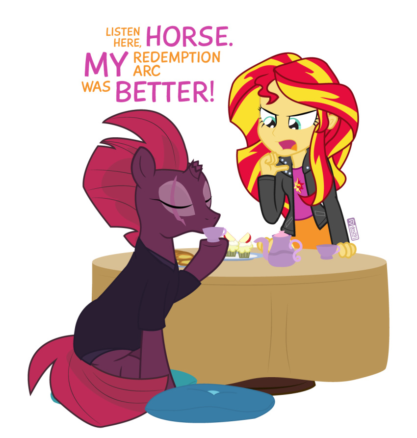 alpha_channel broken_horn cup cupcake dialogue dm29 drinking english_text equestria_girls equid equine eye_scar female food friendship_is_magic hasbro hi_res horn human mammal my_little_pony my_little_pony:_the_movie_(2017) scar sunset_shimmer_(eg) tea_cup teapot tempest_shadow_(mlp) text unicorn