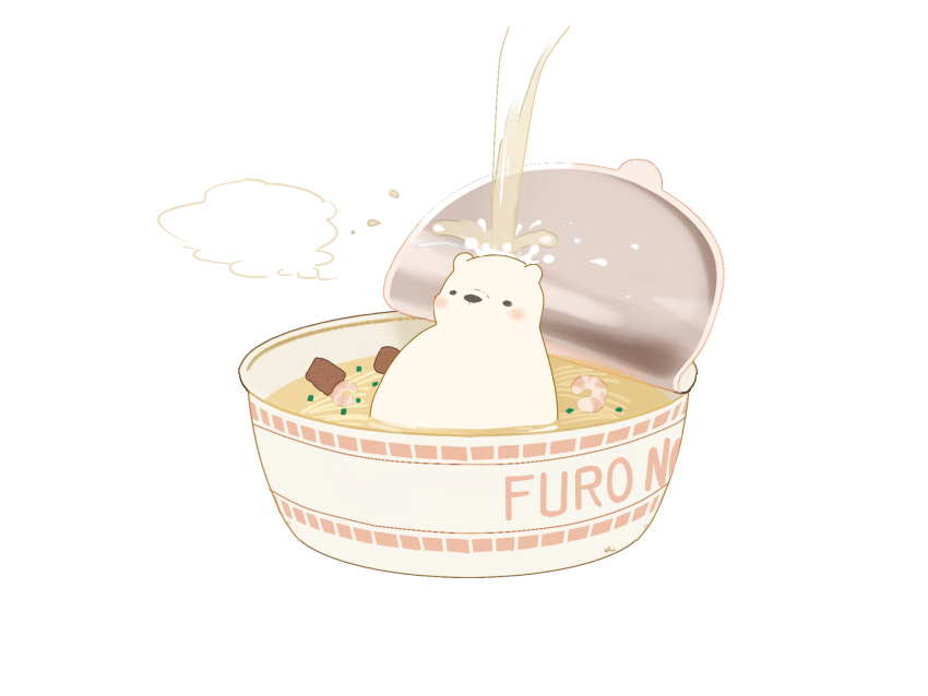 bear chai commentary_request cup_noodle cup_ramen english_text food highres instant_ramen noodles original polar_bear pouring ramen shrimp signature sitting_on_food splashing steam undersized_animal white_background