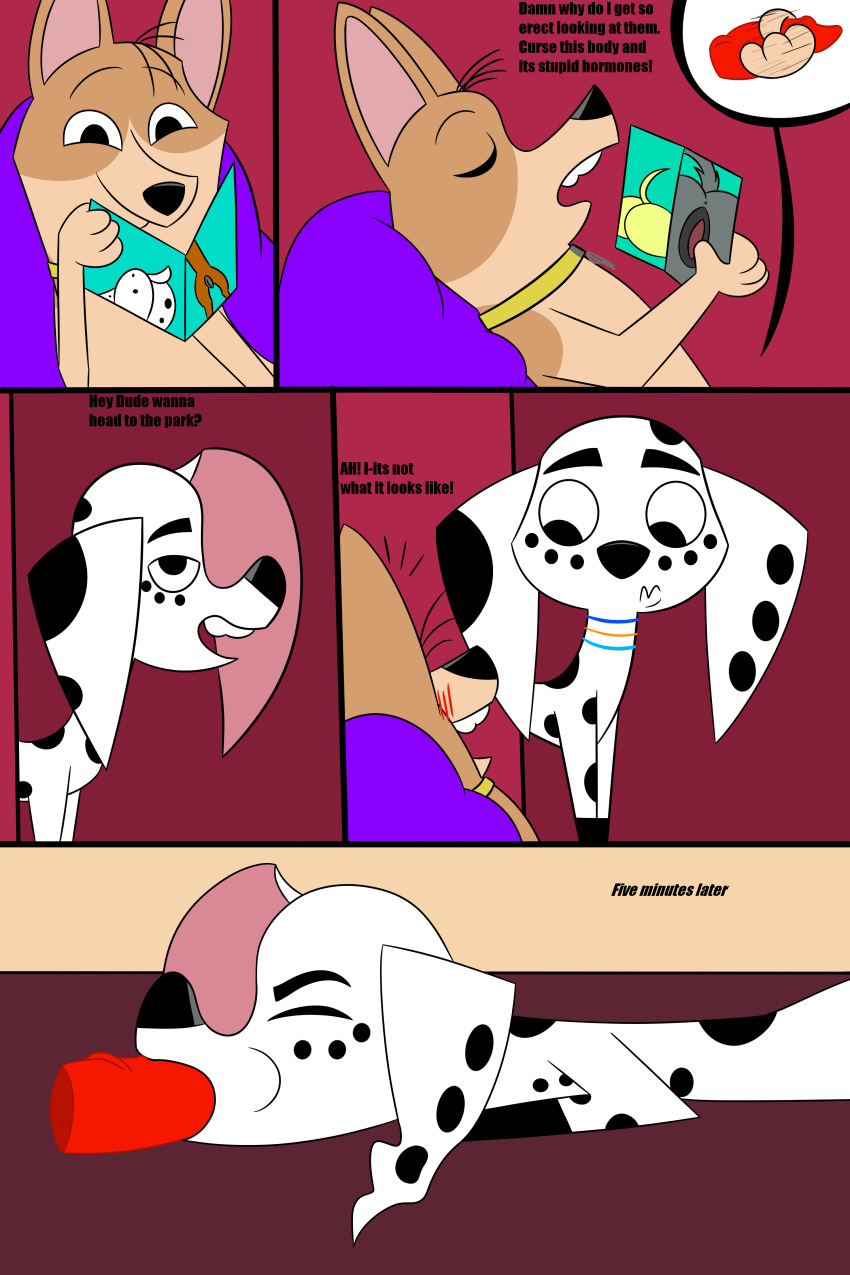 101_dalmatian_street 101_dalmatians 2:3 absurd_res black_nose blush canid canine canis cartoon_network colossalstars comic dalmatian disney dolly_(101_dalmatians) domestic_dog duo ed_edd_n_eddy eddy_(eene) female feral fur herding_dog hi_res magazine male male/female mammal pastoral_dog spots spotted_body spotted_fur sucking surprise text welsh_corgi white_body white_fur