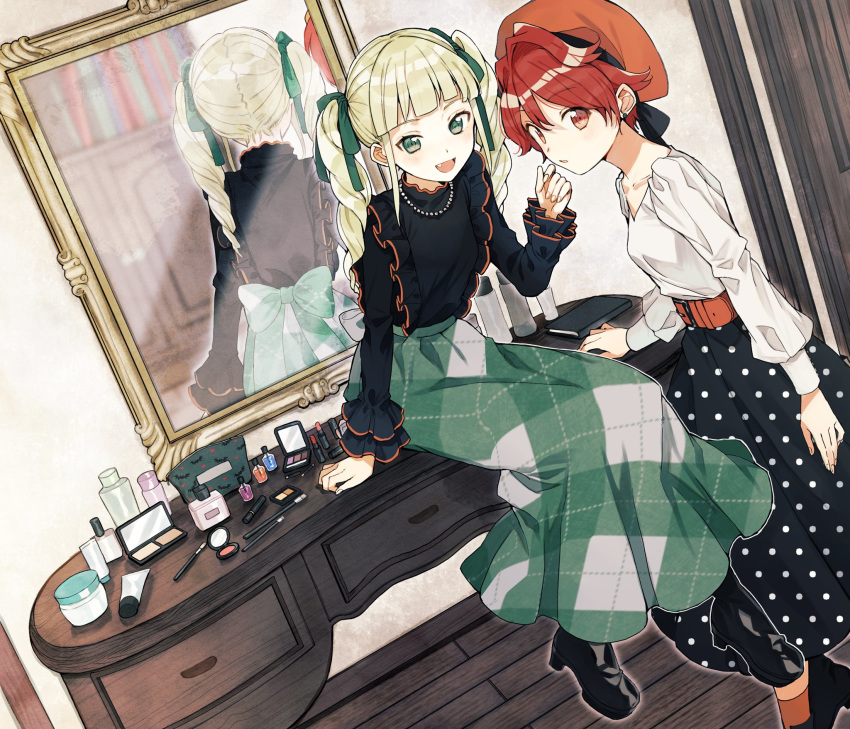 2girls aikatsu!_(series) bag bangs belt black_footwear black_skirt blonde_hair blunt_bangs boots chest_of_drawers collarbone commentary_request door drill_hair earrings fang frilled_sleeves frills green_eyes green_skirt hair_ribbon hat highres ichinose_kaede jewelry kurodeko leaning_forward lipstick_tube long_skirt looking_at_viewer makeup makeup_brush mirror multiple_girls nail_polish_bottle necklace open_mouth orange_legwear pearl_necklace polka_dot_skirt red_eyes red_hair reflection ribbon sitting skirt smile standing stud_earrings toudou_yurika twin_drills wooden_floor