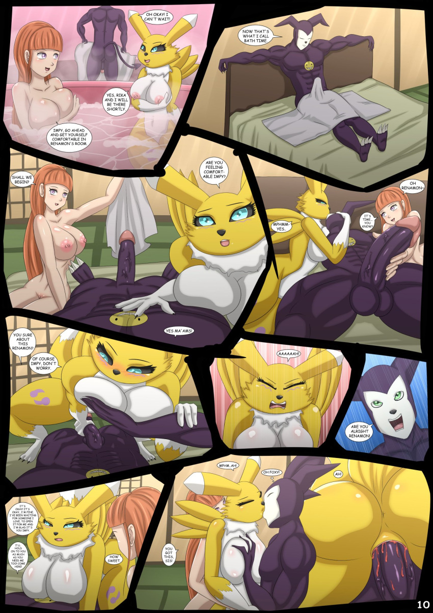 anthro bath bedroom big_breasts big_penis blood bodily_fluids breasts canid canine comic digimon digimon_(species) english_text female female/female fox genitals group group_sex hair hi_res human humanoid imp impmon kissing magnificentsexygals male male/female mammal nude penis pussy red_hair renamon rika_nonaka sex text threesome virgin