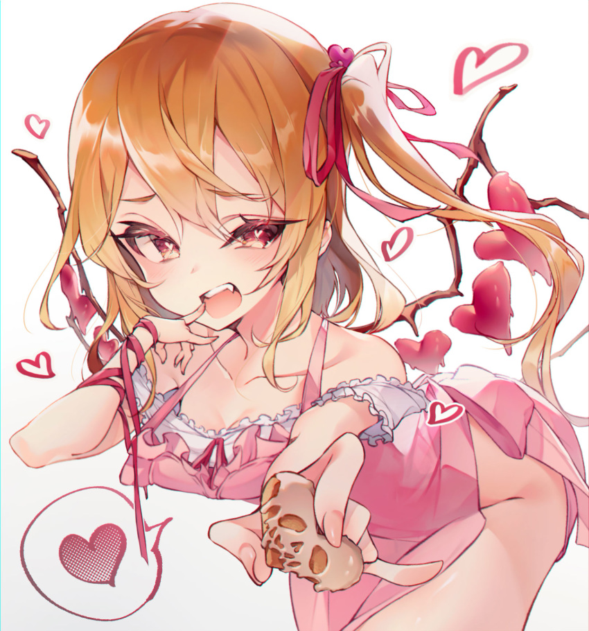 1girl alternate_costume apron bangs bare_shoulders blonde_hair collarbone commentary_request cookie fangs flandre_scarlet food frilled_apron frills hair_between_eyes hair_ribbon heart heart-shaped_food heart-shaped_pupils highres holding_cookie kanechi leaning_forward looking_at_viewer naked_apron one_side_up pink_apron pink_ribbon red_eyes ribbon sidelocks simple_background solo speech_bubble spoken_heart symbol-shaped_pupils touhou white_background wings