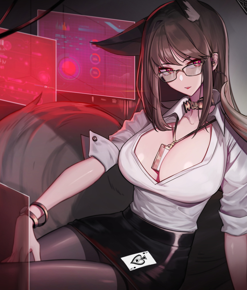 1girl :p absurdres ace_of_spades animal_ear_fluff animal_ears arm_support bangs between_breasts black_legwear black_skirt bracelet breasts brown_hair center_opening cleavage earpiece fox_ears fox_girl fox_tail glasses hand_on_own_thigh highres holographic_monitor id_card jewelry lanyard large_breasts looking_at_viewer necklace office_lady original orn pantyhose pencil_skirt purple_eyes shirt sitting skirt sleeves_folded_up solo tail tongue tongue_out white_shirt