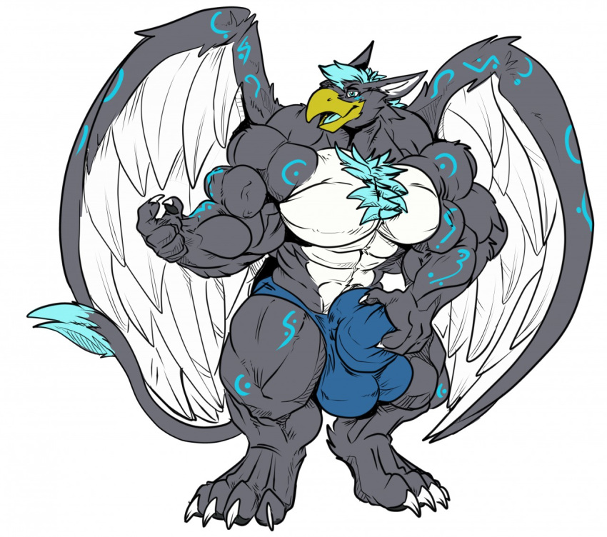 2020 4_toes 5_fingers alternate_species anthro avian balls beak big_balls big_bulge big_muscles big_penis blue_hair bulge chest_tuft clothed clothing digitigrade fierglief fingers fur genitals gryphon hair hand_on_genitalia huge_balls huge_bulge huge_muscles huge_penis hyper hyper_balls hyper_bulge hyper_genitalia hyper_penis looking_at_viewer male multicolored_body multicolored_fur muscular muscular_anthro muscular_male mythological_avian mythology open_mouth penis razinox simple_background smile solo standing toes tuft underwear underwear_only white_background wings