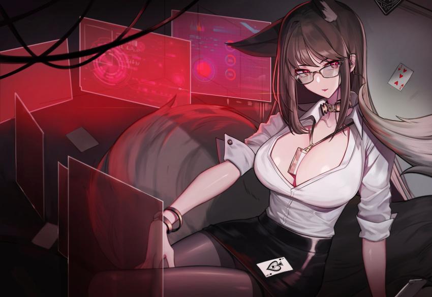 1girl :p absurdres ace_of_spades animal_ear_fluff animal_ears arm_support bangs between_breasts black_legwear black_skirt bracelet breasts brown_hair cable card center_opening cleavage earpiece fox_ears fox_girl fox_tail glasses hand_on_own_thigh highres holographic_monitor id_card jewelry lanyard large_breasts looking_at_viewer necklace office_lady original orn pantyhose pencil_skirt playing_card purple_eyes shirt sitting skirt sleeves_folded_up solo tail tongue tongue_out white_shirt