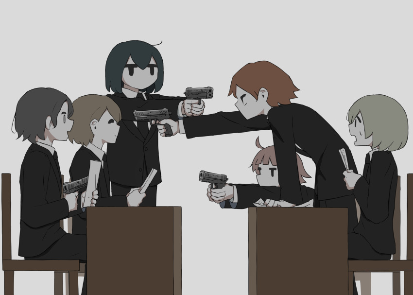 6+boys :d absurdres ahoge avogado6 black_eyes black_jacket black_pants blonde_hair brown_hair business_suit chair closed_eyes concealed_weapon d: desk finger_on_trigger formal green_hair grey_background grey_hair gun gun_to_head highres holding holding_gun holding_weapon jacket jitome long_sleeves mexican_standoff multiple_boys open_mouth original pants simple_background sitting smile suit sweatdrop weapon