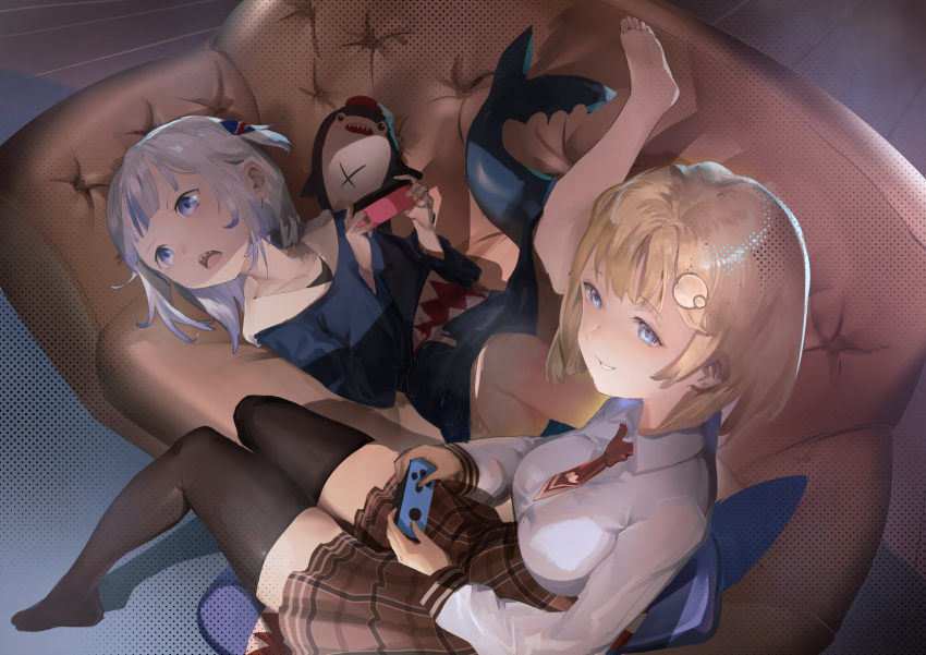2girls barefoot black_legwear blonde_hair bloop_(gawr_gura) blue_eyes breasts collarbone controller couch dark_room fish_tail fisheye from_above gawr_gura grin halftone_texture high-waist_skirt highres holding holding_controller hololive hololive_english indoors large_breasts looking_to_the_side lying medium_hair multicolored_hair multiple_girls nintendo_switch nuda on_back on_couch open_mouth plaid plaid_skirt playing_games rug shark_tail sharp_teeth shirt sitting skirt smile streaked_hair tail teeth thighhighs top-down_bottom-up video_game watson_amelia white_hair white_shirt wooden_floor