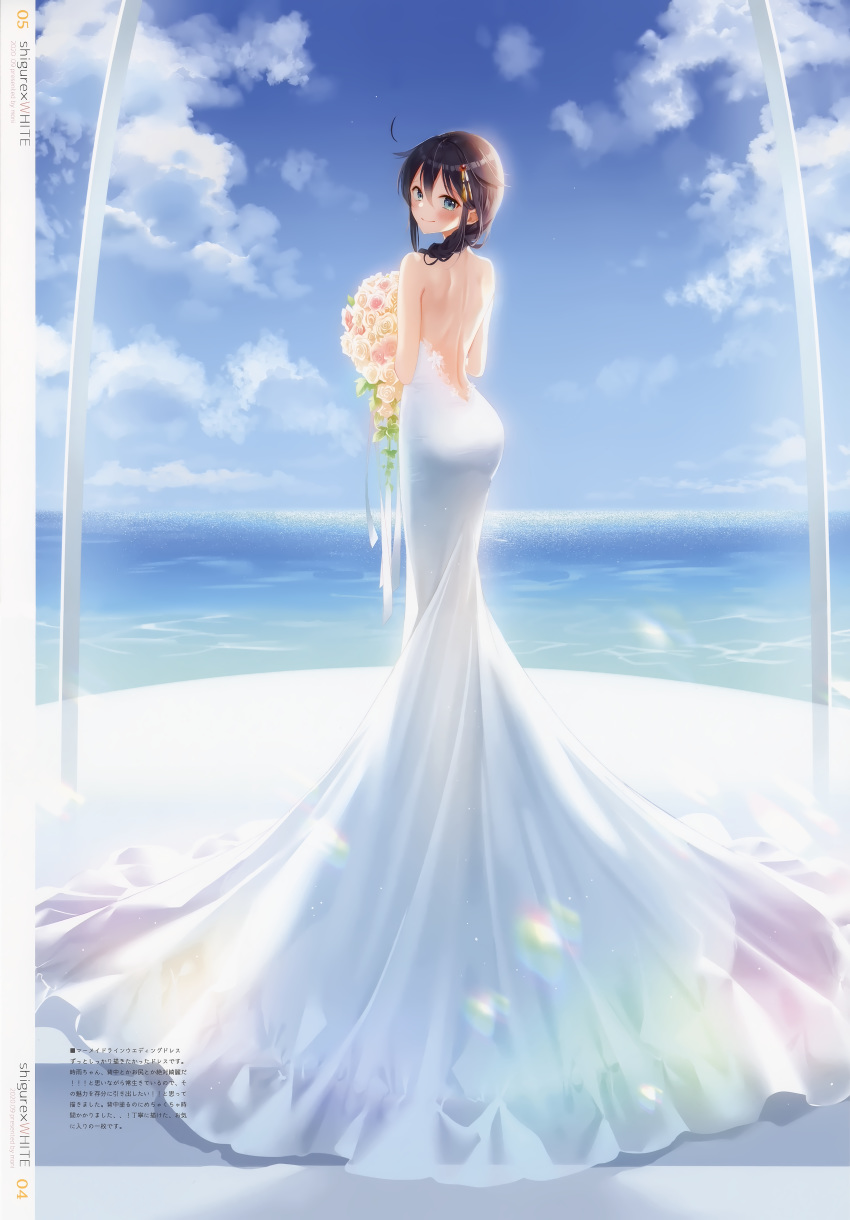 1girl absurdres ahoge bangs braid bride brown_hair day dress hair_ornament highres kantai_collection long_hair naoto_(tulip) outdoors page_number scan shigure_(kantai_collection) simple_background single_braid solo tied_hair wedding_dress