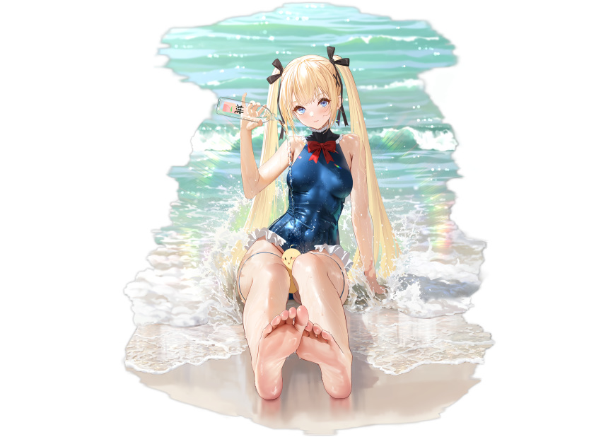 animal azur_lane barefoot bird blonde_hair blue_eyes crossover dead_or_alive long_hair manjuu_(azur_lane) marie_rose swimsuit tagme_(artist) twintails water wet