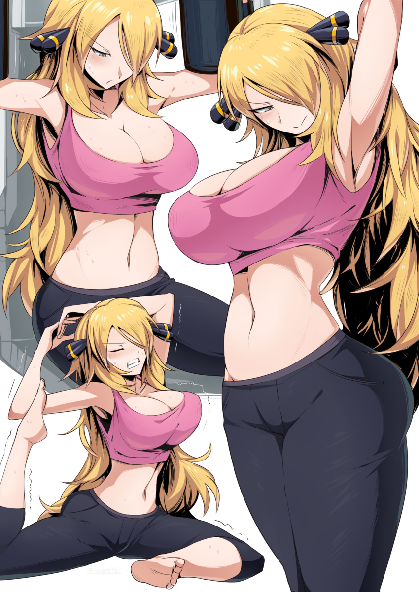 1girl alternate_costume armpits barefoot blonde_hair breasts cleavage clenched_teeth collage commentary_request cynthia_(pokemon) exercise exercise_machine fang flexible grey_eyes gym hair_over_one_eye highres large_breasts midriff navel on_floor pants pink_sports_bra pokemon pokemon_(game) pokemon_dppt shimure_(460) sitting soles solo sports_bra standing stretch sweat teeth toes trembling yoga_pants
