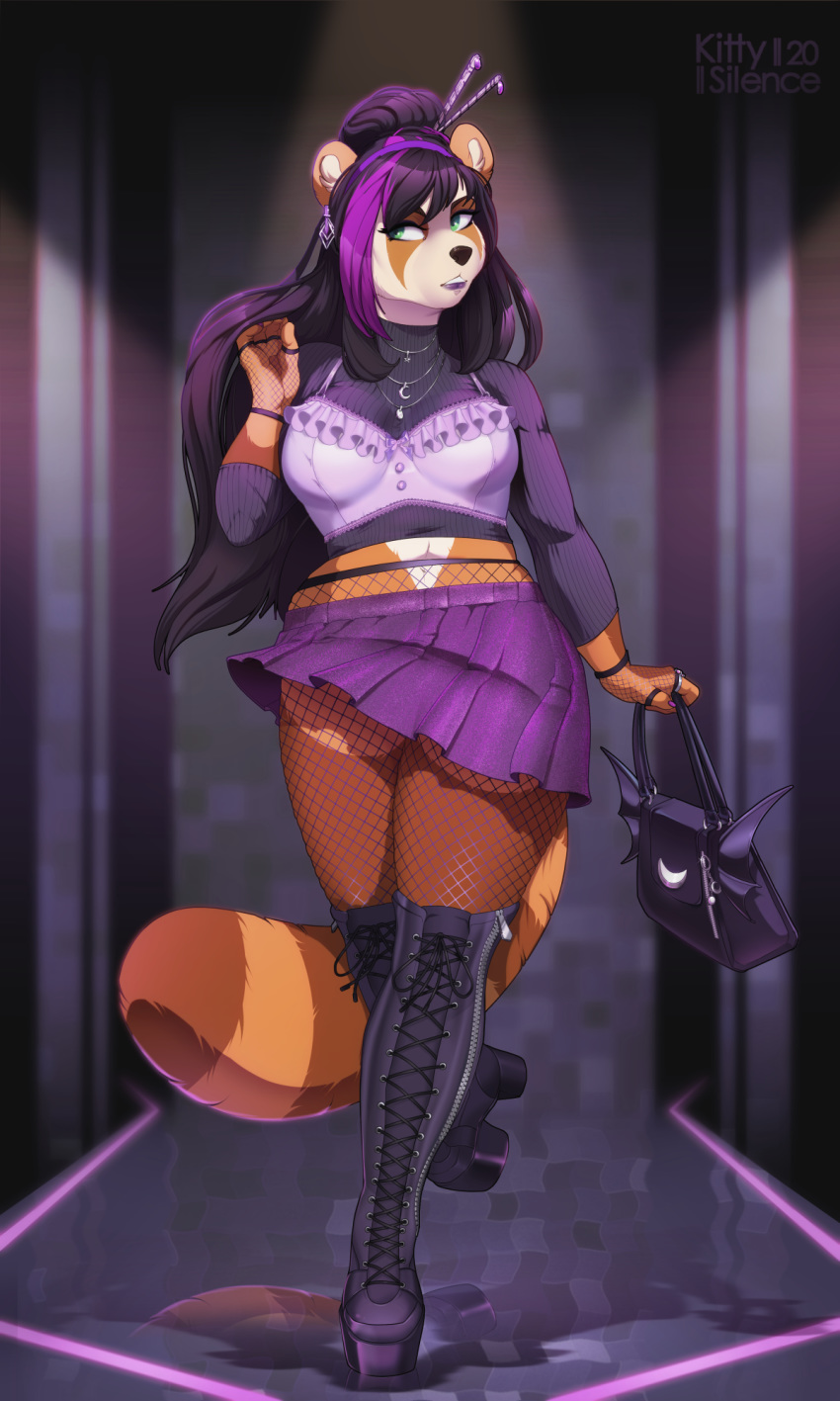 2020 3:5 5_fingers ailurid anthro black_hair black_nose bottomwear breasts clothed clothing digital_media_(artwork) eyebrows eyelashes female fingers green_eyes hair hi_res kittysilence mammal purple_hair red_panda skirt solo standing