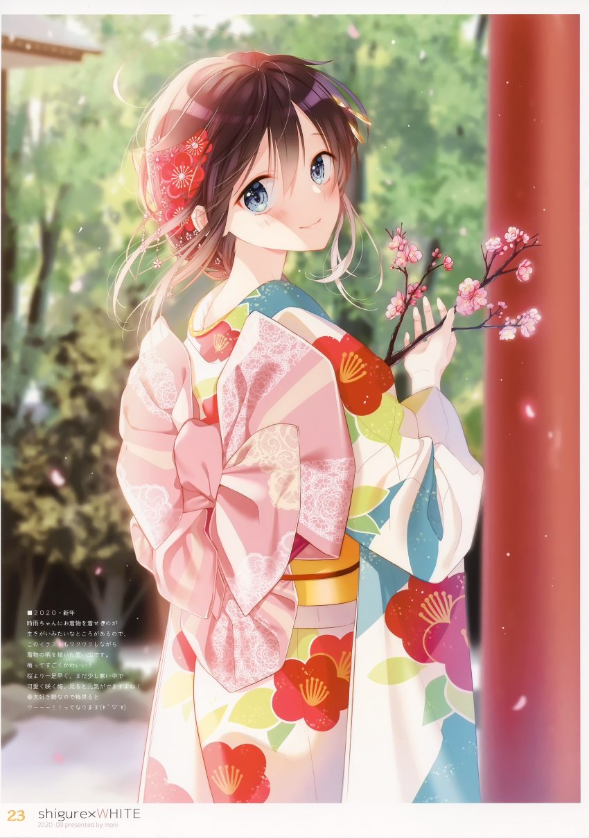 1girl absurdres ahoge bangs blue_eyes blurry blurry_background braid brown_hair closed_mouth day floral_print flower hair_ornament highres holding japanese_clothes kantai_collection kimono light_particles lips long_hair looking_at_viewer looking_back naoto_(tulip) outdoors petals scan shigure_(kantai_collection) simple_background single_braid smile solo tree tree_branch wide_sleeves