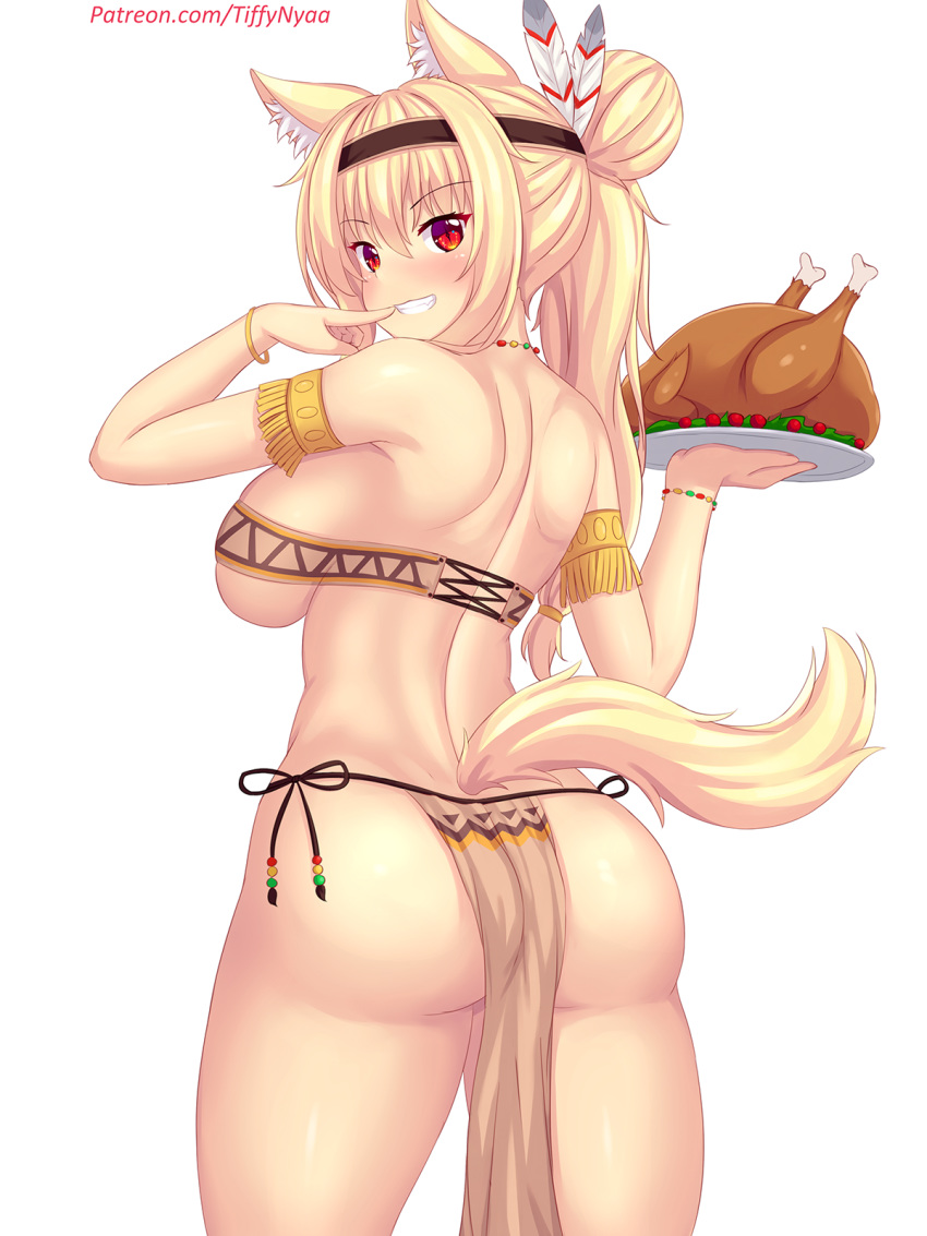 1girl animal_ear_fluff animal_ears arm_up ass bangs blonde_hair breasts cat_ears cowboy_shot eyebrows_visible_through_hair feathers finger_to_mouth food grin hair_bun headband highres holding large_breasts long_hair looking_at_viewer looking_back no_panties nottytiffy original patreon_username red_eyes simple_background slit_pupils smile solo tail thanksgiving thighs tiffy_(nottytiffy) tray tribal turkey_(food) white_background