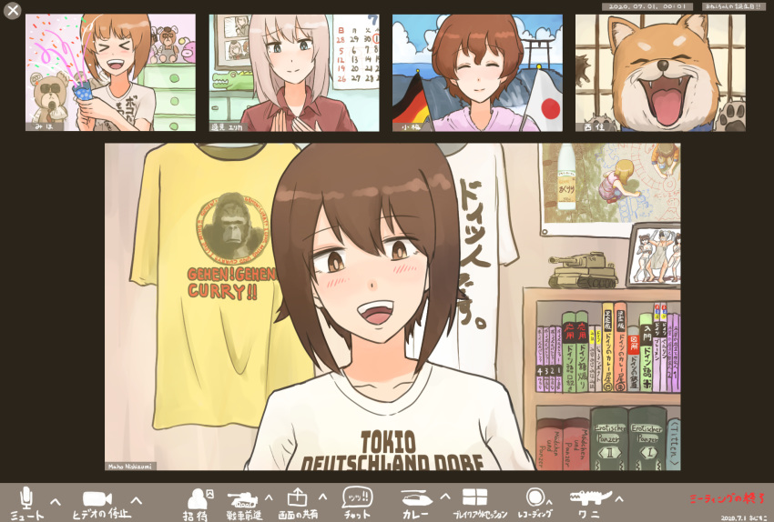 &gt;_&lt; akaboshi_koume alligator anglerfish bangs bedroom birthday blue_eyes boko_(girls_und_panzer) boko_(girls_und_panzer)_(cosplay) book brown_eyes brown_hair calendar_(object) casual character_name chest_of_drawers closed_mouth clothes_writing cloud cloudy_sky cosplay crocodilian dog drawing dress_shirt eyebrows_visible_through_hair german_flag german_text girls_und_panzer ground_vehicle hands_on_own_chest highres indoors itsumi_erika japanese_flag kaisoku_hirosuko looking_at_viewer manga_(object) medium_hair military military_vehicle model_tank motor_vehicle nishizumi_maho nishizumi_miho nishizumi_shiho nishizumi_tsuneo ooarai_(ibaraki) open_mouth outdoors party_popper picture_(object) pink_shirt portrait_(object) red_shirt romaji_text shiba_inu shirt short_hair short_sleeves shouji silver_hair sky sliding_doors smile stuffed_animal stuffed_toy t-shirt tank teddy_bear tiger_i torii translation_request white_shirt wing_collar yellow_shirt younger zoom_chat