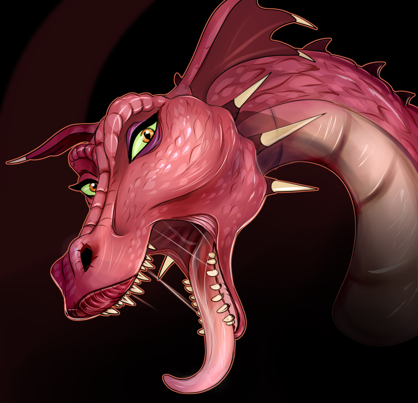 2020 absurd_res amber_eyes black_background bodily_fluids detailed detailed_scales dragon dragon_(shrek) dreamworks fangs female feral green_sclera headshot_portrait hi_res lips looking_at_viewer open_mouth portrait saliva saliva_string scales scalie shrek_(series) simple_background solo tongue tongue_out torinsangel wugi