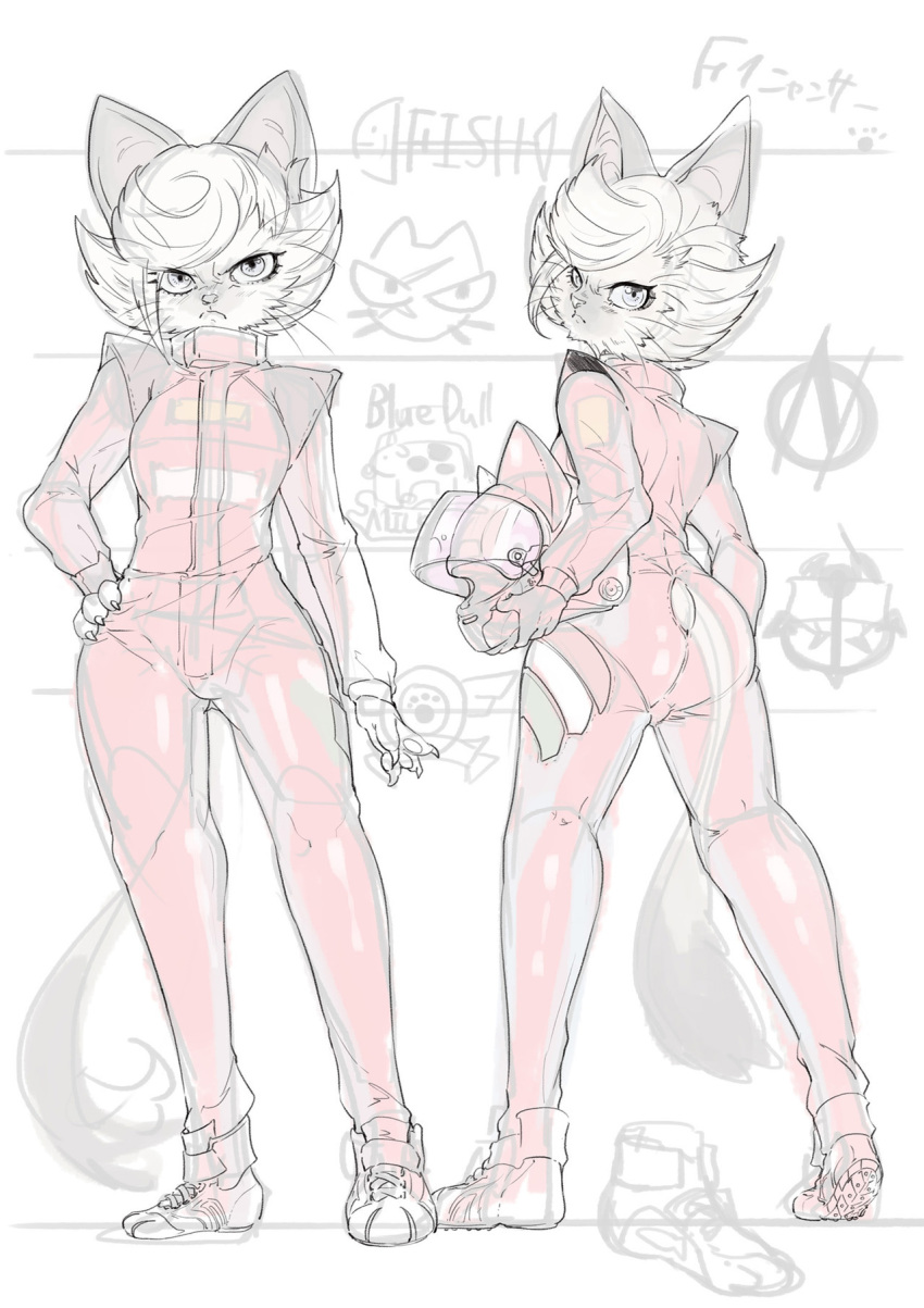 annoyed anthro clothing felid feline female footwear front_view furgonomics hair hi_res jumpsuit ktgr_de looking_at_viewer mammal maya_passiflora model_sheet multiple_angles racer racing_helmet racing_suit rear_view shoes short_hair sketch sneakers solo tail_tuft tuft whiskers 片桐マヤ